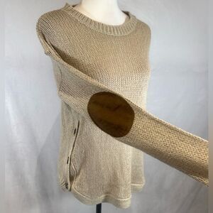 Harper Heritage cream with brown elbow patch open knit button side sweater small